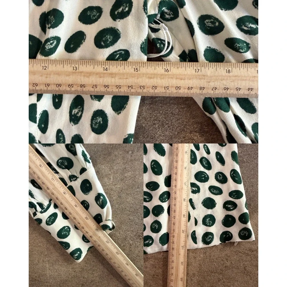 Reformation Calla Blouse in Tapioca Blouse 10 Ivory Green Polka Dot Puff Sleeve